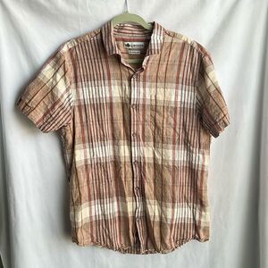 Tallwoods Washable Linen Plaid Button Down Shirt Short Sleeve Brown size L